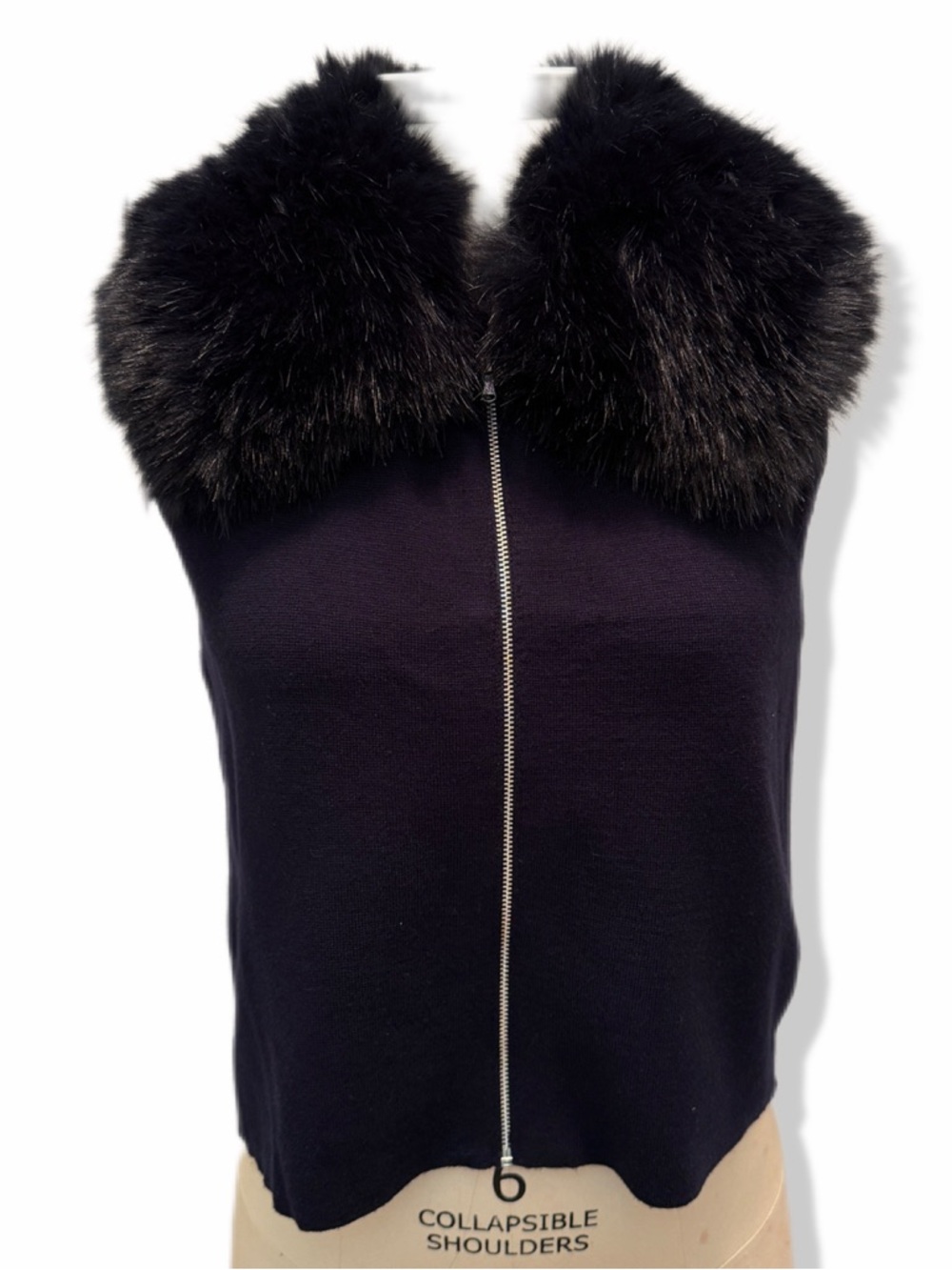 NWT Camila Coelho Navy Fur-Collar Zip Front Sleeveless Sweater